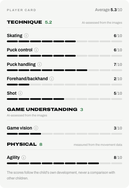 The player card in the report, with a score out of ten for each skill.