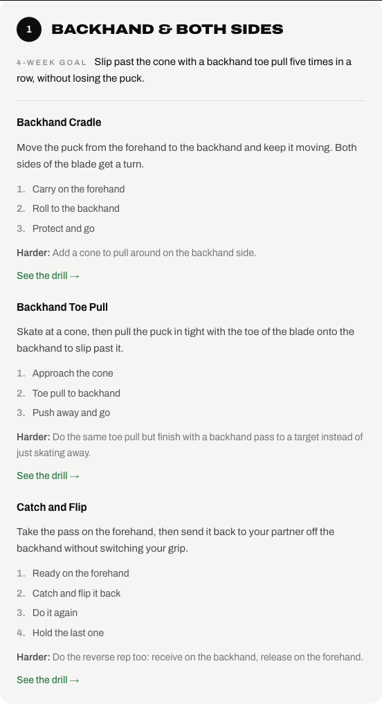 A skill program with a four-week goal and the drills that belong to it.